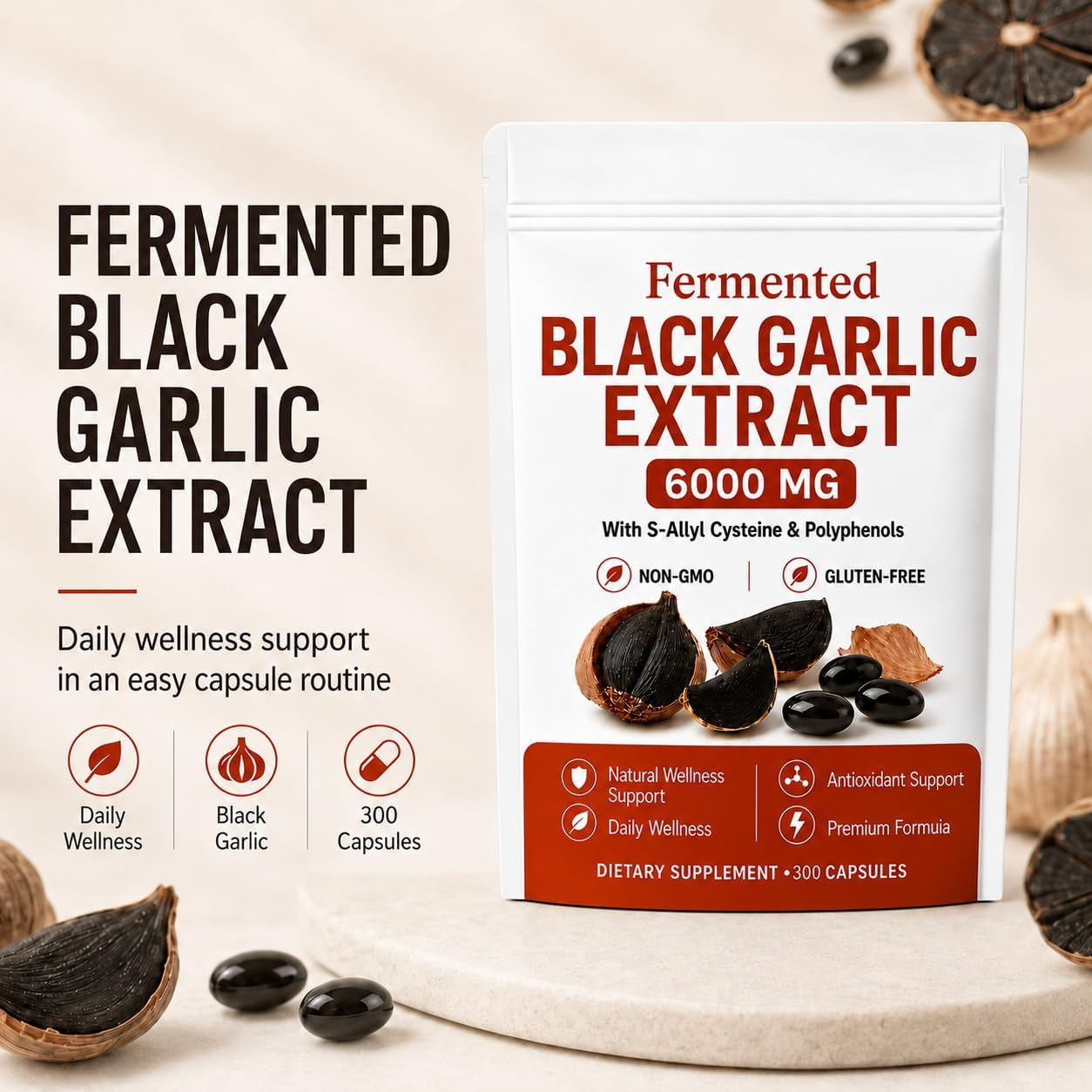 LANURAL Fermented Black Garlic Extract Capsules, 300 Softgels