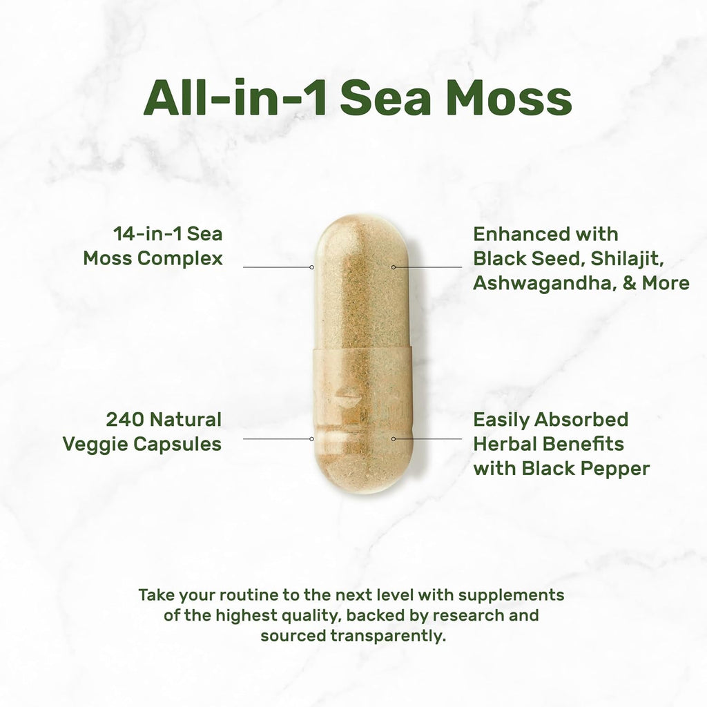 DEAL SUPPLEMENT Irish Sea Moss 240 Veggie Capsules – 14 Superfood Complex with Black Seed Oil, Ashwagandha, & Ginger