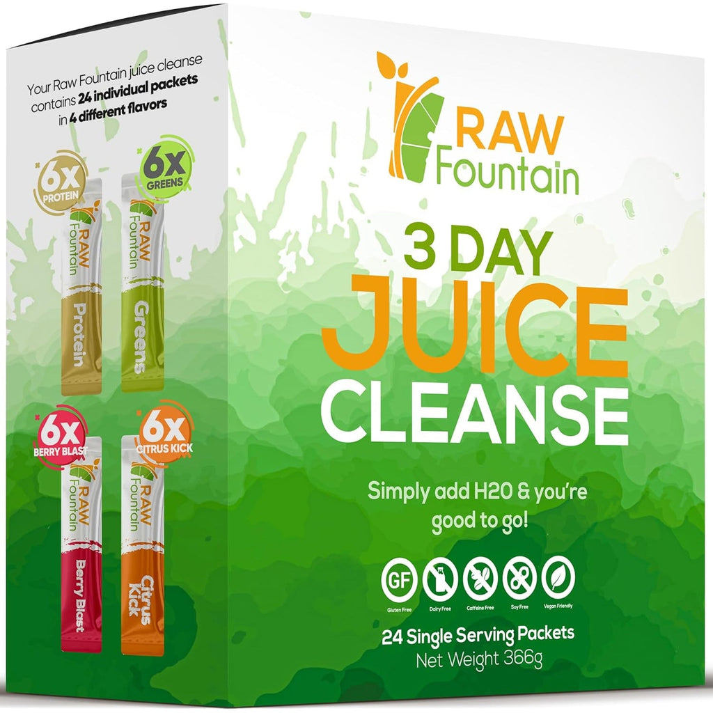 Raw Fountain 3 Day Juice Cleanse Detox, 24 Powder Packets, Travel and Vegan Friendly, 4 All Natural Flavors, Includes Protein (3 Day)