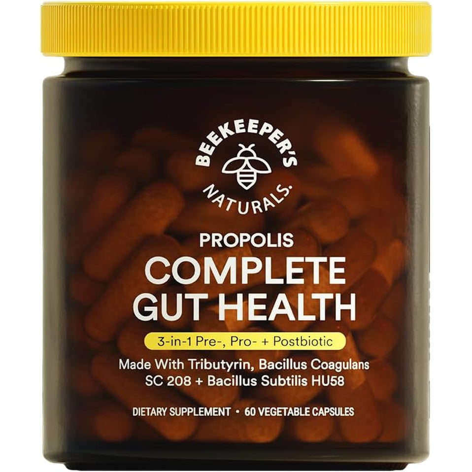 Complete Gut Health by Beekeeper'S Naturals, 3-In-1 Prebiotic, Postbiotic, Probiotics for Digestive Health & Bloating Relief for Women & Men, Propolis Powered, Gluten-Free Vegan Capsules, 60Ct