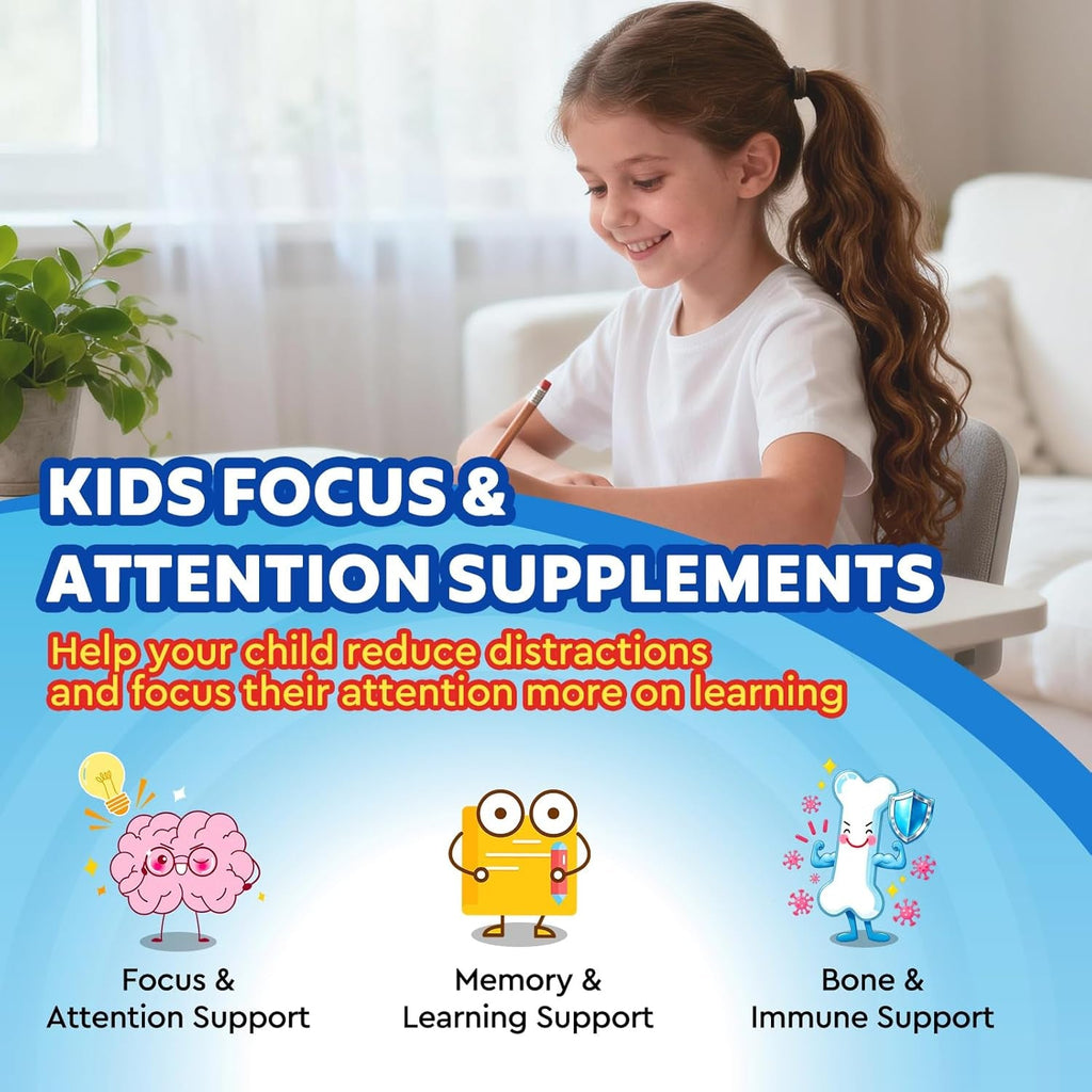 Kids Focus and Attention Supplements with Phosphatidylserine, Omega-3, Magnesium Glycinate & L-Theanine, Brain Vitamins Liquid Drops for Kids Memory, Cognitive, Sleep, Calm & Mood, Strawberry, 2 Fl Oz