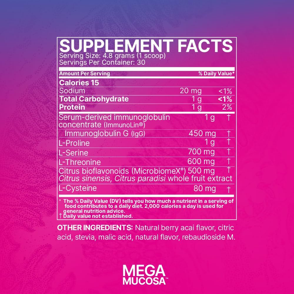 Microbiome Labs Megamucosa Gut Health Powder - Digestive Supplement with Complete Mucosal Support for Healthy Gut & Immune Function - Dairy-Free Immunoglobulins & Amino Acids - Berry Acai (5.5 Oz)