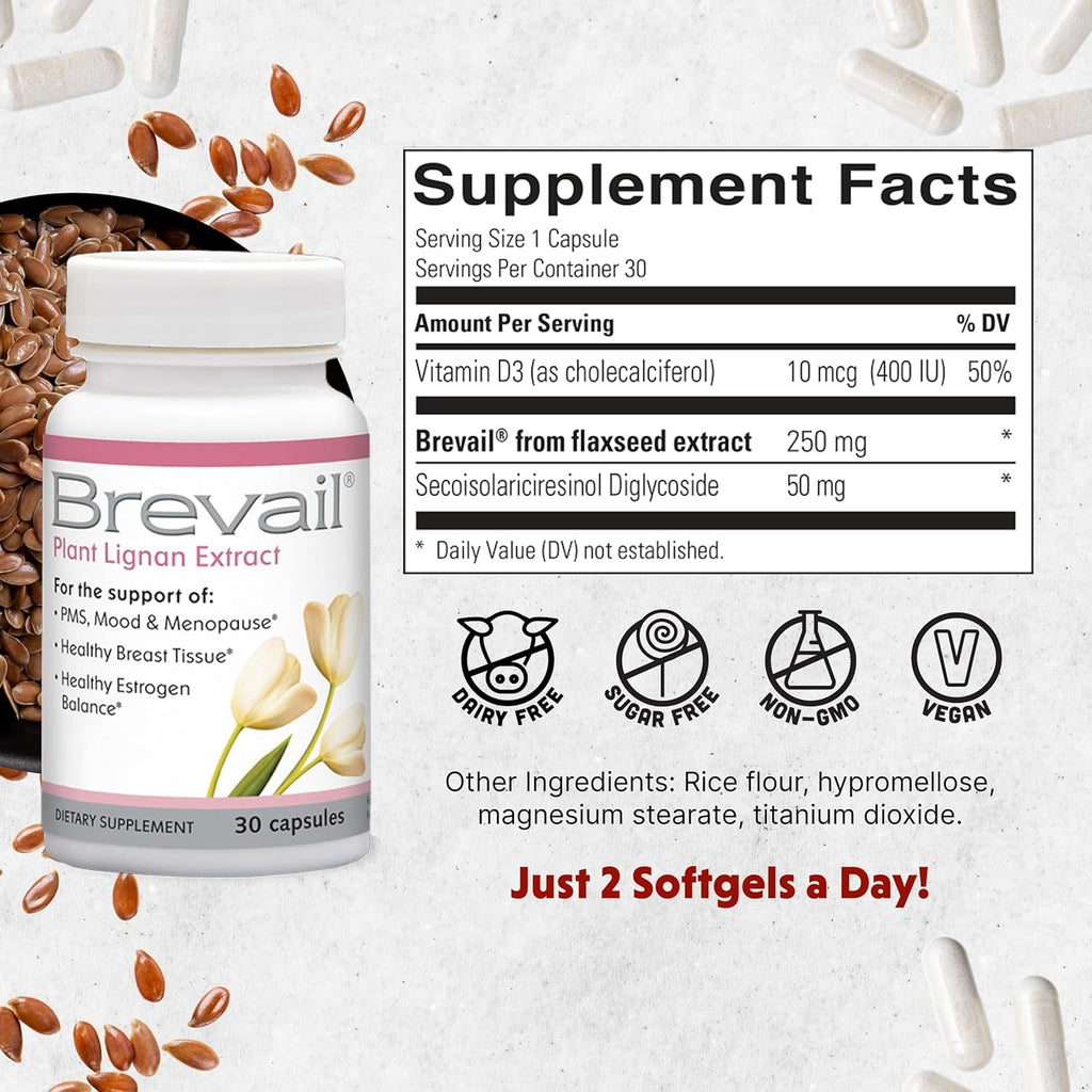 Brevail Plant Lignan Extract Capsules, Proactive Breast Health Supplement with 50 Mg SDG Lignans from Flax Seed Hulls for Healthy Estrogen Balance and PMS Mood Support Pills, 30 Count
