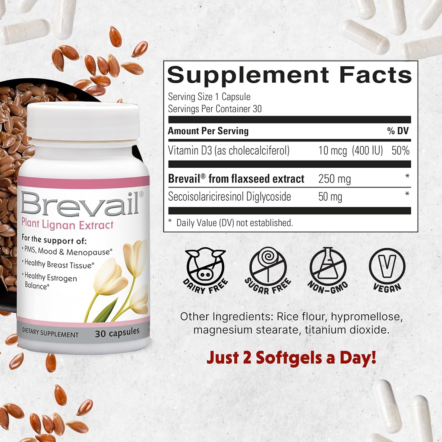 Brevail Plant Lignan Extract Capsules, Proactive Breast Health Supplement with 50 Mg SDG Lignans from Flax Seed Hulls for Healthy Estrogen Balance and PMS Mood Support Pills, 30 Count