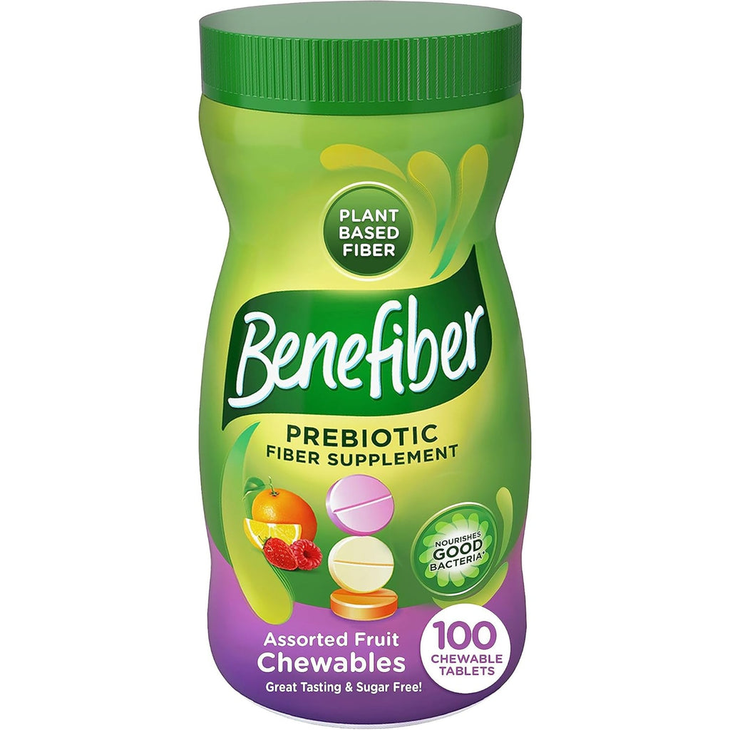Benefiber Chewable Prebiotic GLP-1 Friendly Fiber Supplement Tablets for Digestive Health, Assorted Fruit Flavors - 100 Count