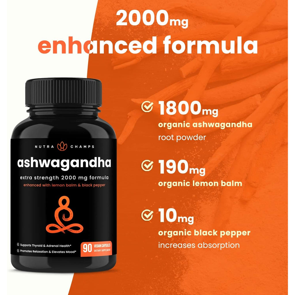 Nutrachamps Organic Ashwagandha Capsules, 2000Mg Adrenal Fatigue, Thyroid & Mood Support Ashwagandha Supplements, Ashwagandha Root Powder & Lemon Balm, Superior Absorption with Black Pepper