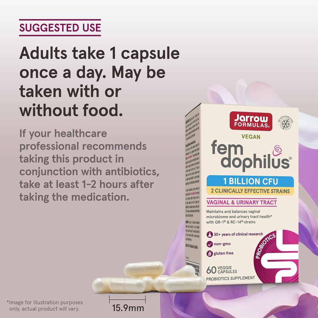 Jarrow Formulas Fem-Dophilus Vaginal Probiotics 1 Billion CFU with 2 Science-Backed Strains, Dietary Supplement for Vaginal & Urinary Tract Support, 60 Capsules, 60 Day Supply, Shelf-Stable Probiotics