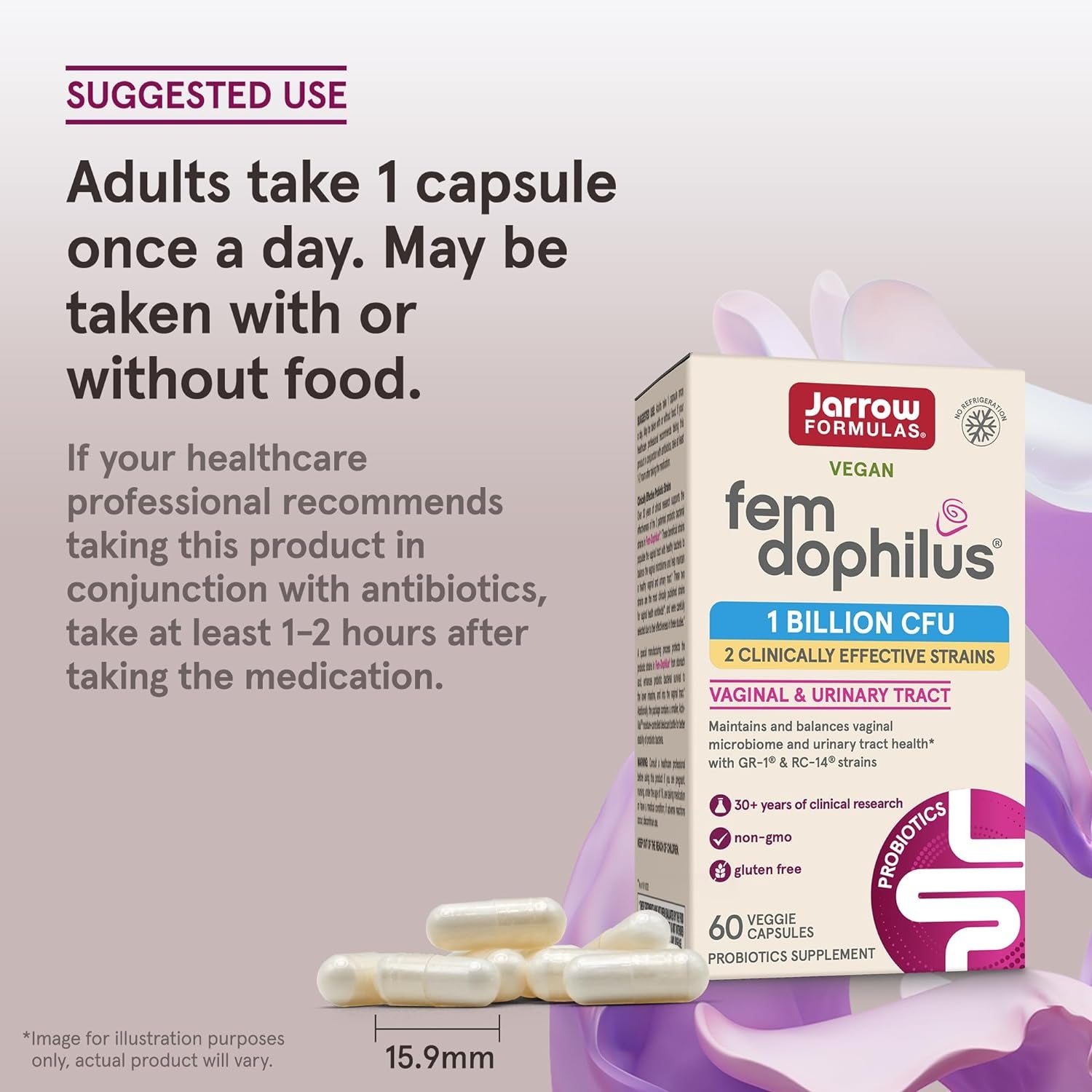 Jarrow Formulas Fem-Dophilus Vaginal Probiotics 1 Billion CFU with 2 Science-Backed Strains, Dietary Supplement for Vaginal & Urinary Tract Support, 60 Capsules, 60 Day Supply, Shelf-Stable Probiotics