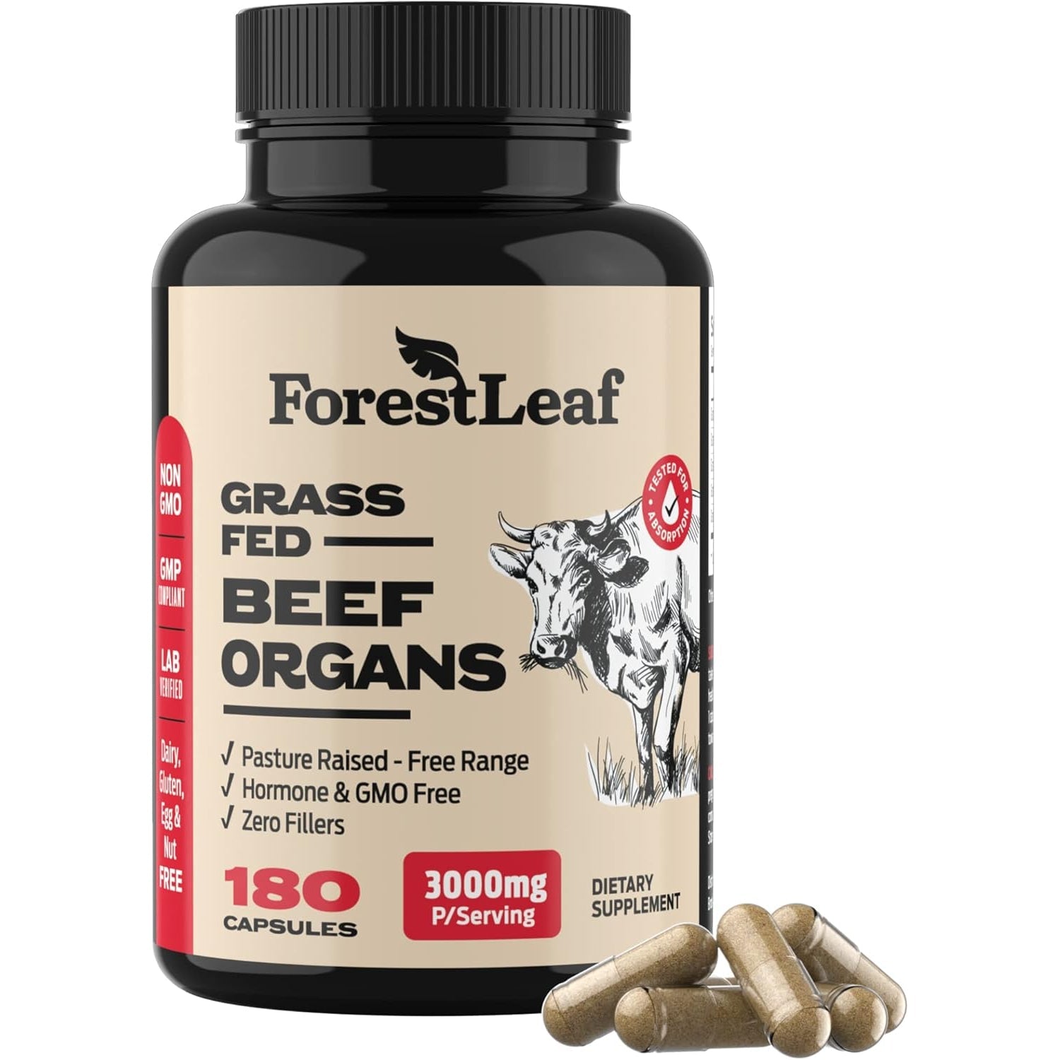 Forestleaf Beef Organ Supplement - Grass Fed & Pasture Raised - Total Body Wellness & Performance, Organ Complex with 3000Mg of Desiccated Beef Liver, Heart, Kidney, Pancreas, Spleen (180 Capsules)