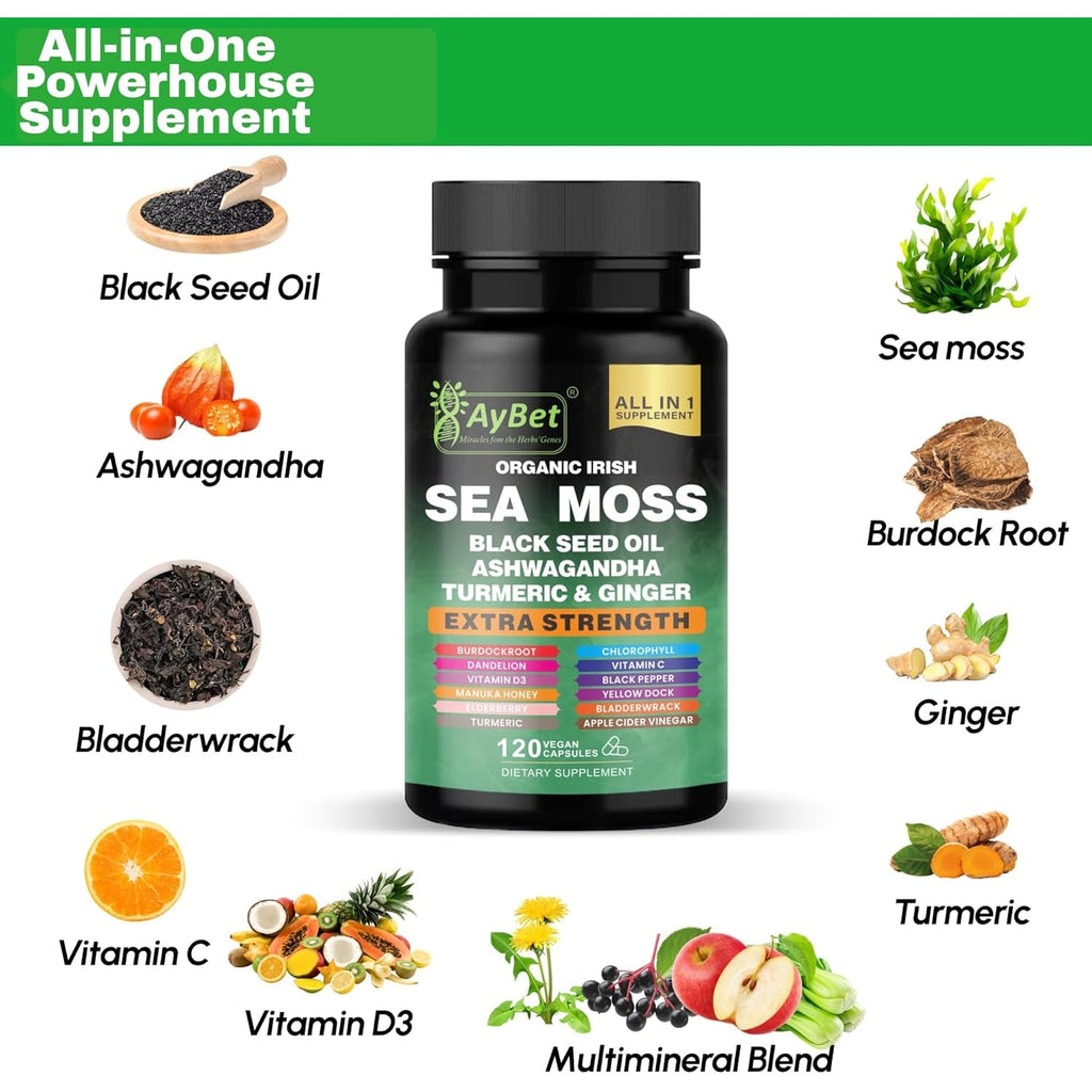 Organic Irish Sea Moss Capsules 120 Count –16 in 1 Sea Moss Supplement with Black Seed Oil, Ashwagandha, Turmeric & Ginger, Bladderwrack & Burdock Root, Vitamin D3 –Organic, Vegan, Halal, Non-Gmo