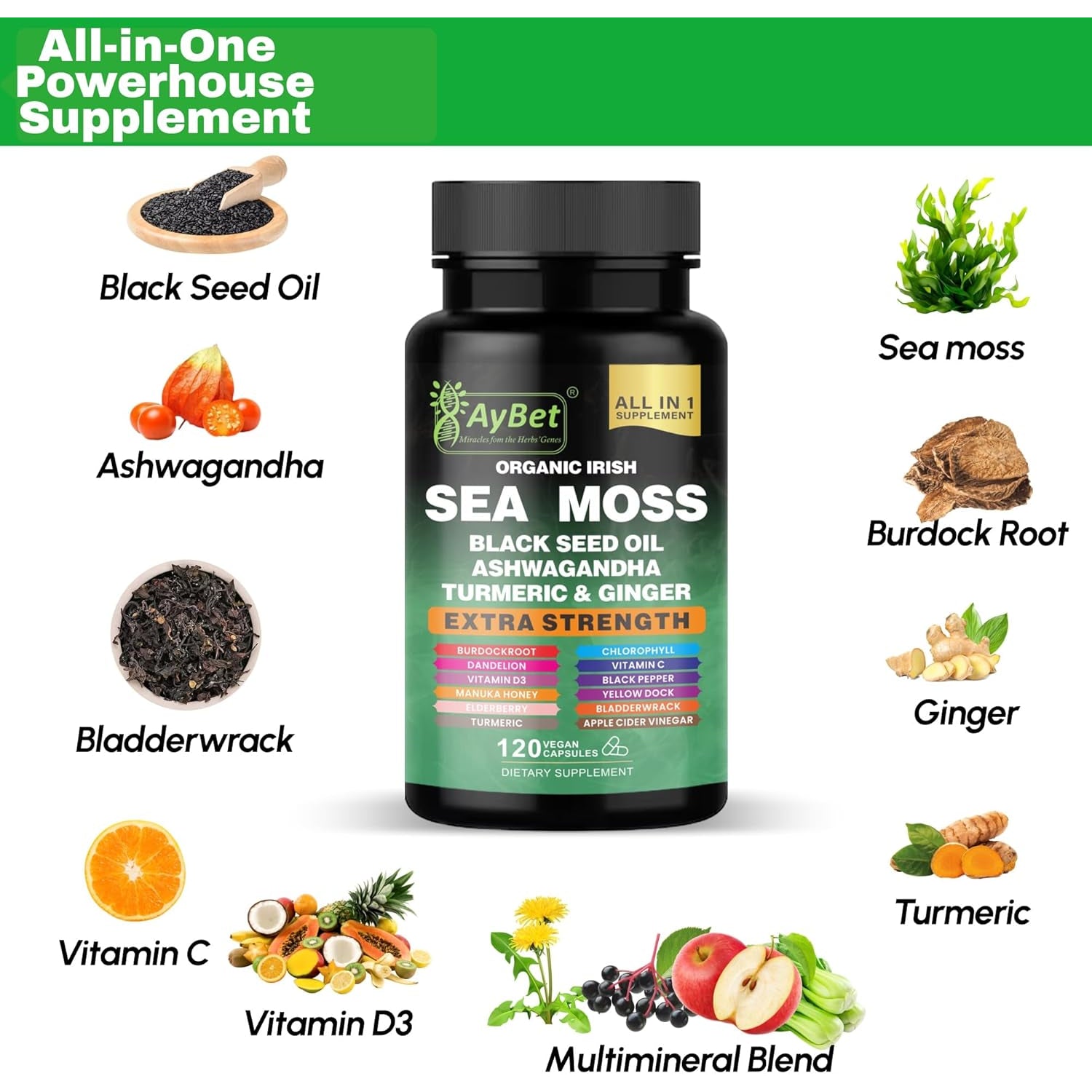 Organic Irish Sea Moss Capsules 120 Count –16 in 1 Sea Moss Supplement with Black Seed Oil, Ashwagandha, Turmeric & Ginger, Bladderwrack & Burdock Root, Vitamin D3 –Organic, Vegan, Halal, Non-Gmo