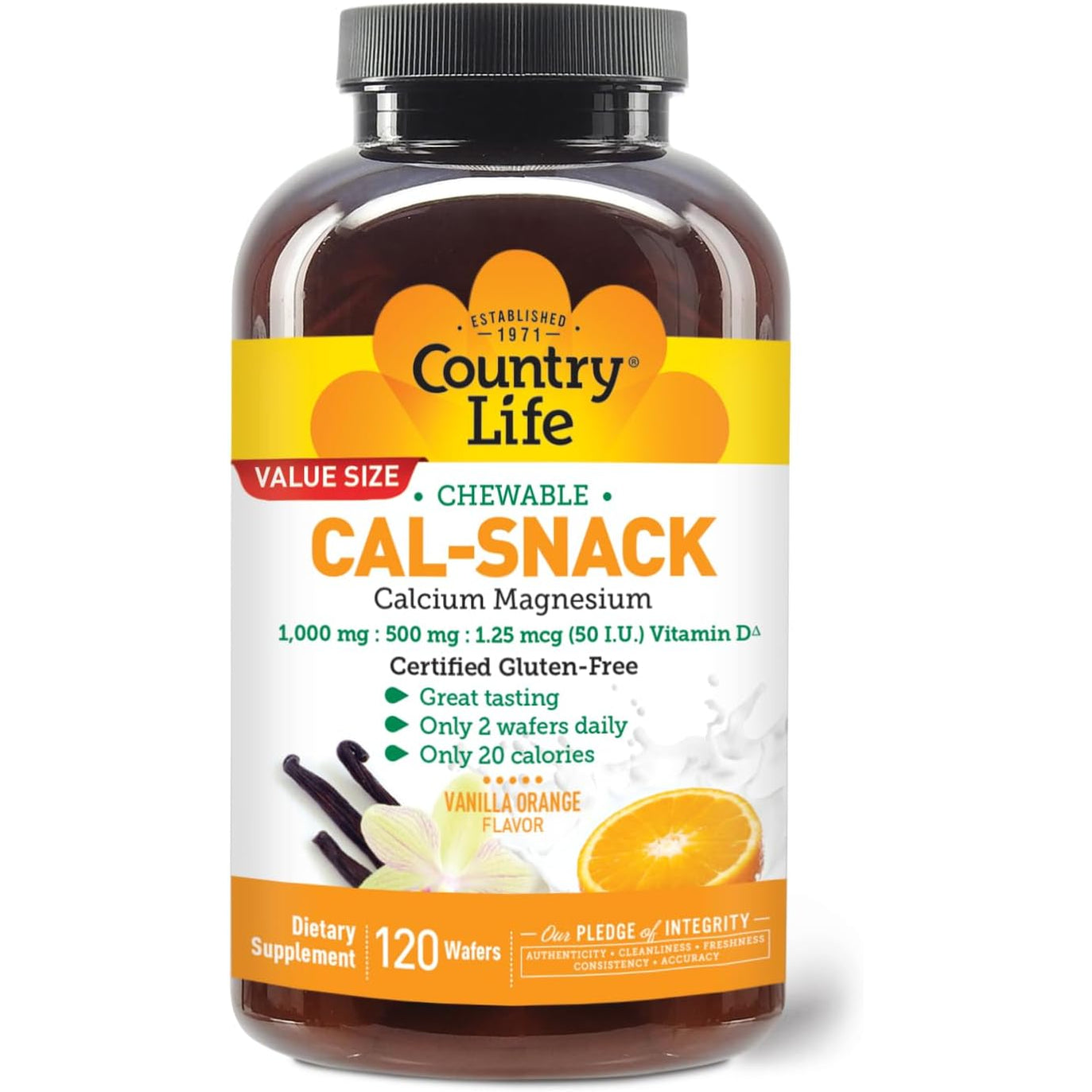 Country Life Cal-Snack - Chewable Calcium Magnesium Supplement Wafers with Vitamin D3, Easy to Digest, Vanilla Orange Flavor, Dietary Supplement