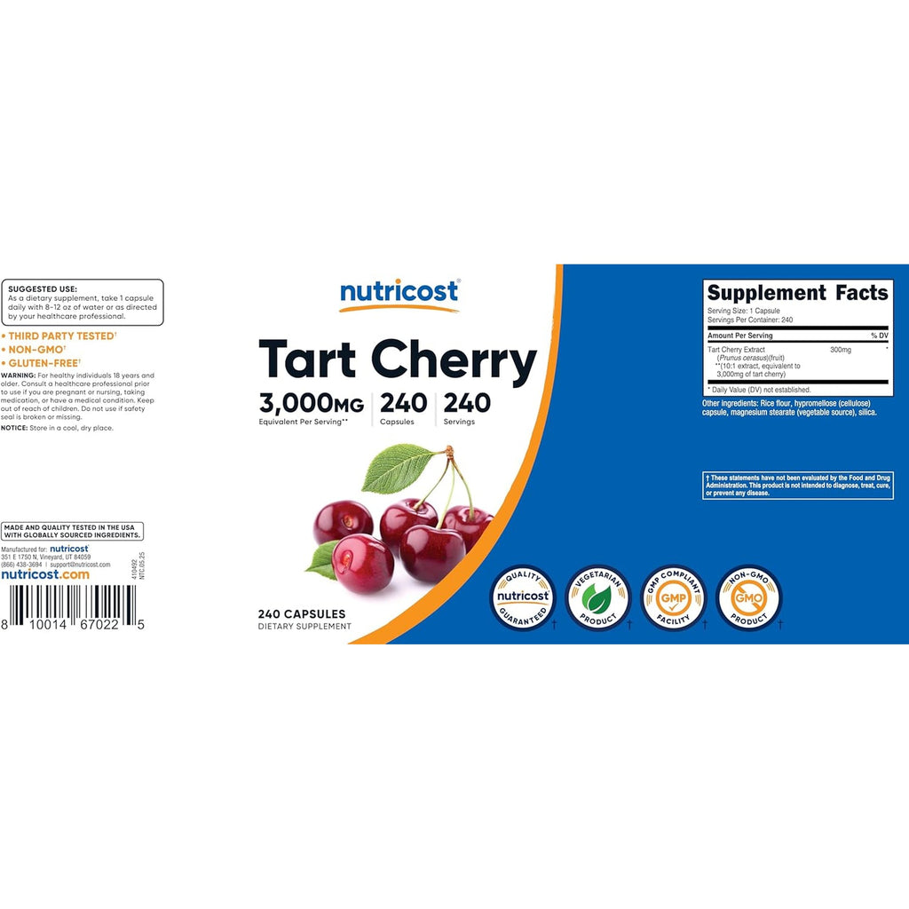 Nutricost Tart Cherry Extract 240 Vegetarian Capsules for 240 Servings per Bottle - Gluten Free, Non-Gmo