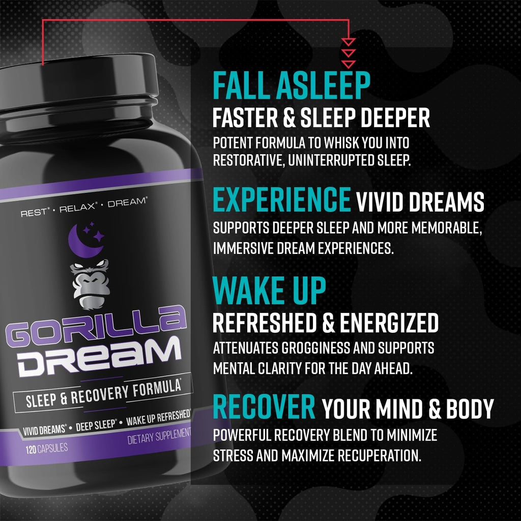 Gorilla Mind Dream Sleep Supplement (120 Capsules) - Nootropic Infused Comprehensive Sleep & Recovery Supplement - GABA, Melatonin, Valerian Root, Magnesium, L-Theanine, Sensoril, Ashwagandha & More
