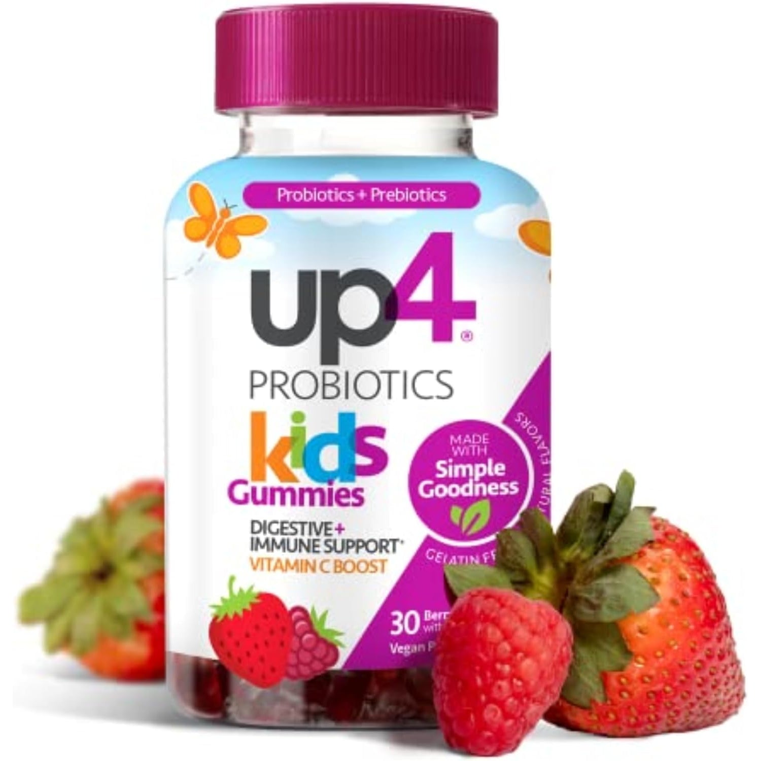 Up4 Kids Probiotic Gummies, Digestive and Immune Support with Prebiotics and Vitamin C, Gelatin Free, Gluten Free and Non-Gmo, for Ages 3+, 30 Count