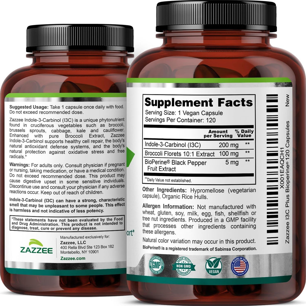 Zazzee High Absorption Indole-3-Carbinol (I3C), 200 Mg per Capsule, 120 Vegan Capsules, 4 Month Supply, 5 Mg Bioperine for Enhanced Absorption, 100% Vegetarian, All-Natural and Non-Gmo