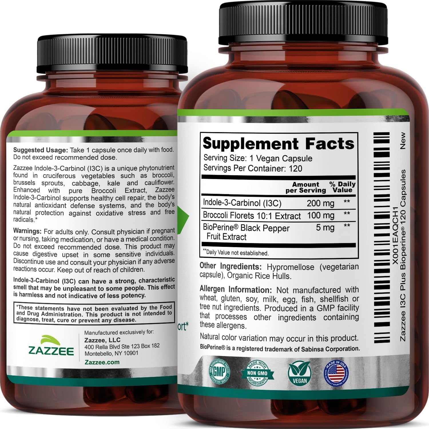 Zazzee High Absorption Indole-3-Carbinol (I3C), 200 Mg per Capsule, 120 Vegan Capsules, 4 Month Supply, 5 Mg Bioperine for Enhanced Absorption, 100% Vegetarian, All-Natural and Non-Gmo