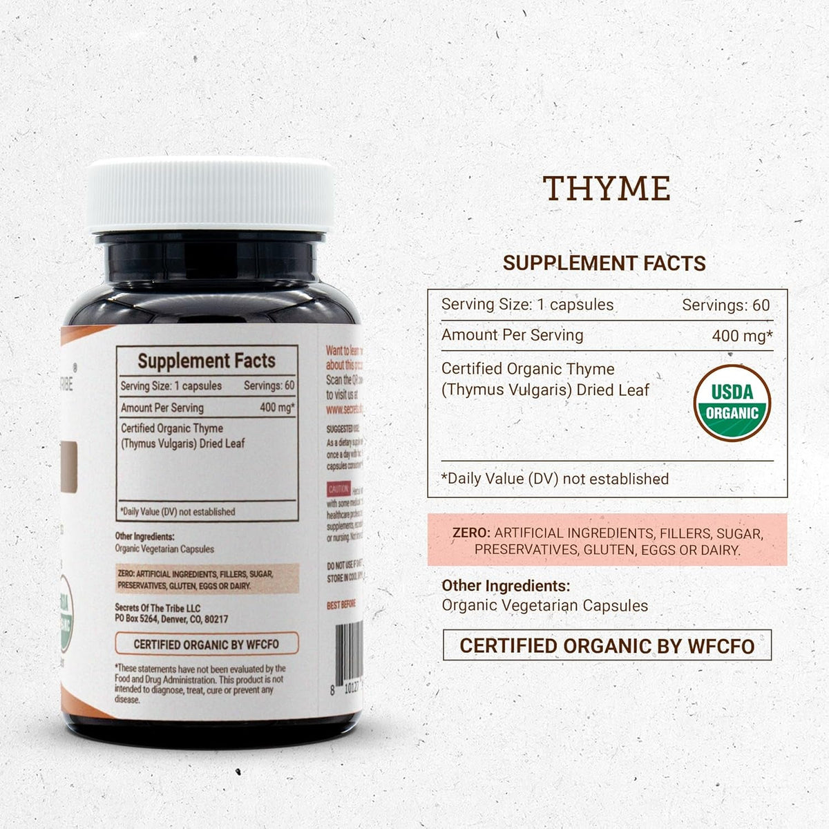 Secrets of the Tribe Thyme 60 Capsules, 400 Mg, USDA Organic Thyme (Thymus Vulgaris) Dried Leaf (60 Capsules)