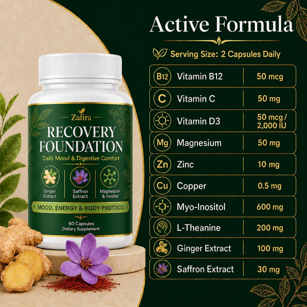 Zafira Recovery Foundation Capsules, Mood & Digestive Support with Saffron, Ginger, Non-Gmo, Gluten-Free, 60 Capsules (1 Pc)