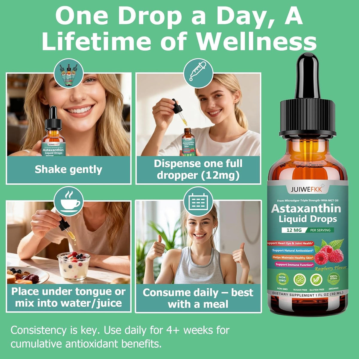 Astaxanthin Supplement 12Mg Liquid Drops, Premium Natural Astaxanthin Antioxidant from Fresh Microalgae Source W. Mct Oi for Eye Immune Joint Skin Health, Liquid Formula for Max Absorption