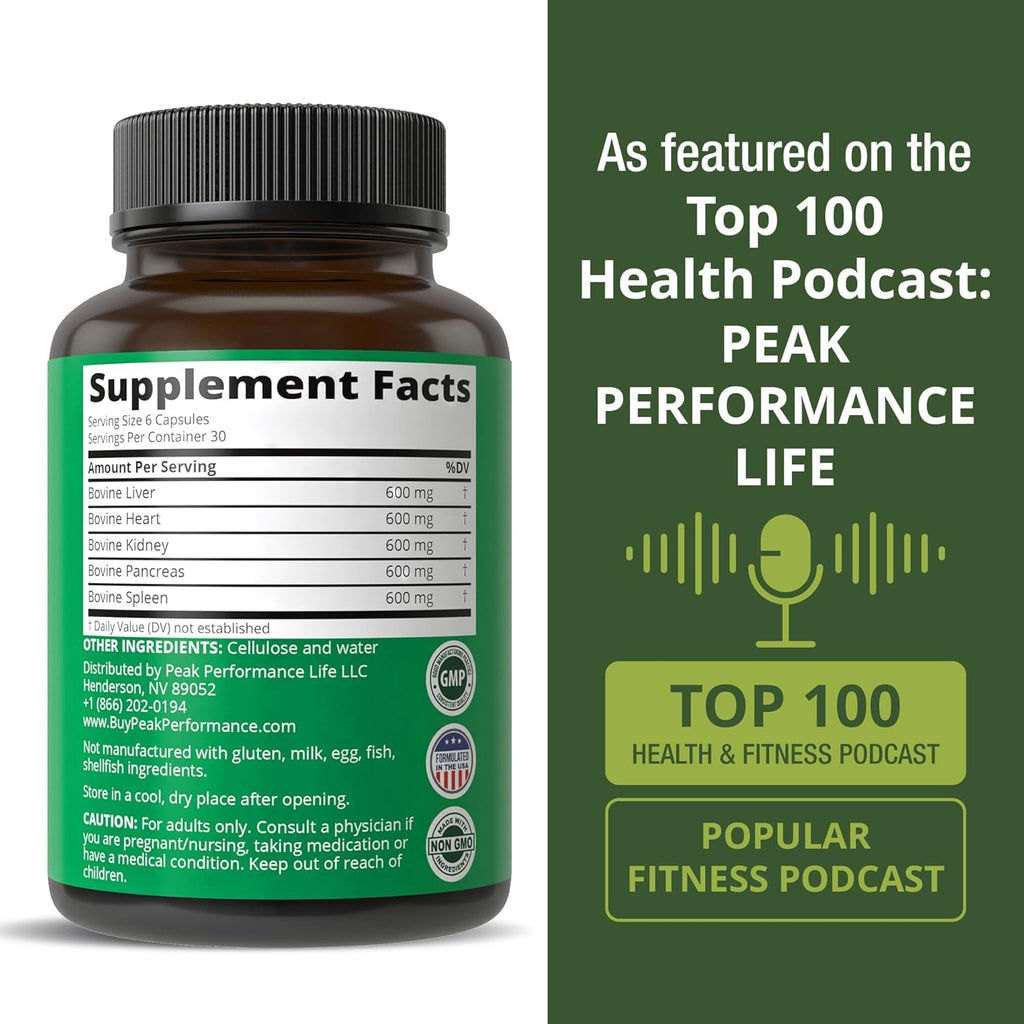 Peak Performance Grass Fed Beef Organ Complex from New Zealand (180 Capsules) Desiccated Organs Superfood Pills. Grassfed Beef Liver Capsules with Heart, Kidney, Pancreas, Spleen. Supplement