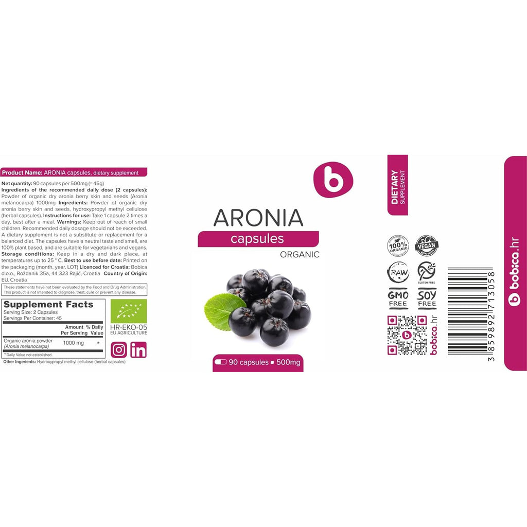 Organic Aronia Berry Capsules – Black Chokeberry Supplement with Natural Anthocyanins & Polyphenols – Supports Immune System – from Aronia Berries Powder – Non-Gmo – 500Mg, 90 Vegan Capsules