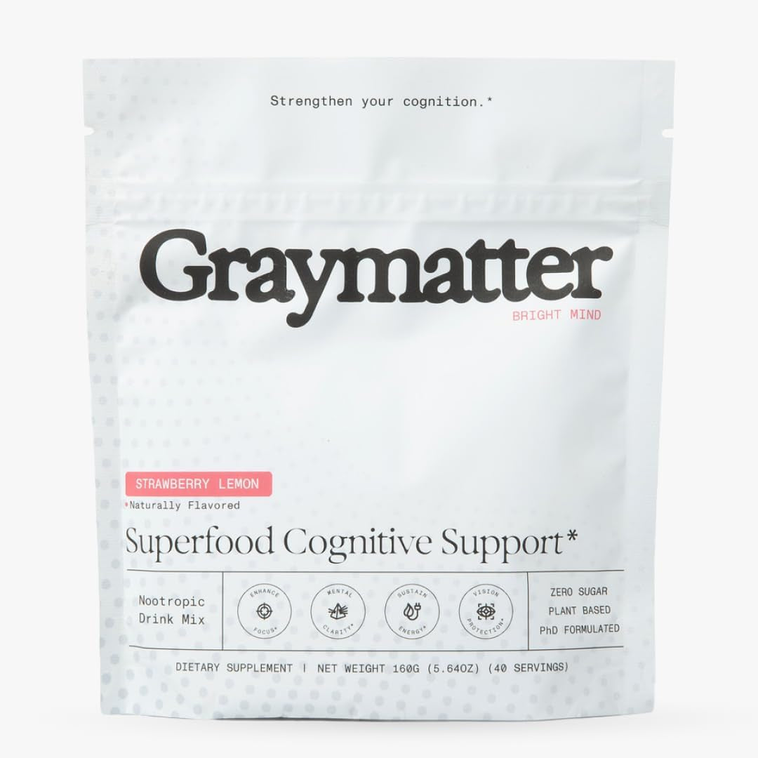 Graymatter Bright Mind Nootropic Powder (40 Servings: Strawberry Lemon) – Plant-Based Energy & Focus Drink Mix, Adaptogens & Vitamins, Sugar-Free Daily Supplement