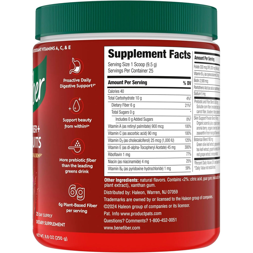Benefiber Prebiotic GLP-1 Friendly Fiber + Superfruits Dietary Supplement, Strawberry Dragon Fruit Flavor, 8.8 Oz (250G)