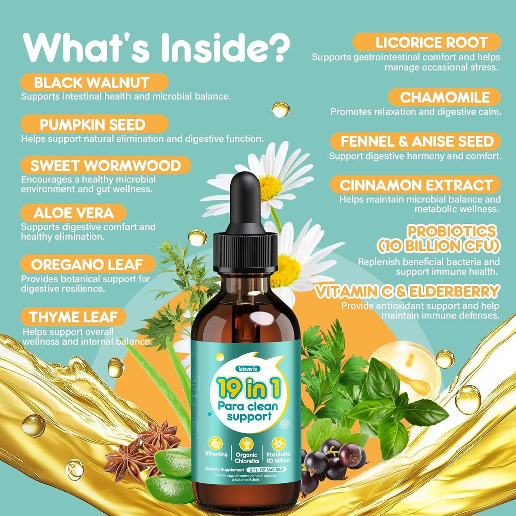 19 in 1 Herbal Gut Cleanse Drops – Wormwood, Black Walnut, Chlorella 250Mg, 10B Probiotics, Clove & Oregano – Liquid Detox Support for Adults & Kids, Alcohol-Free, 2Oz