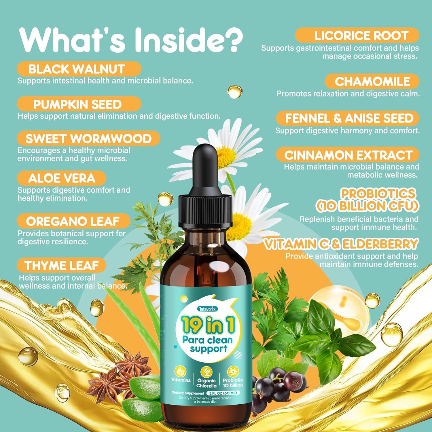 19 in 1 Herbal Gut Cleanse Drops – Wormwood, Black Walnut, Chlorella 250Mg, 10B Probiotics, Clove & Oregano – Liquid Detox Support for Adults & Kids, Alcohol-Free, 2Oz