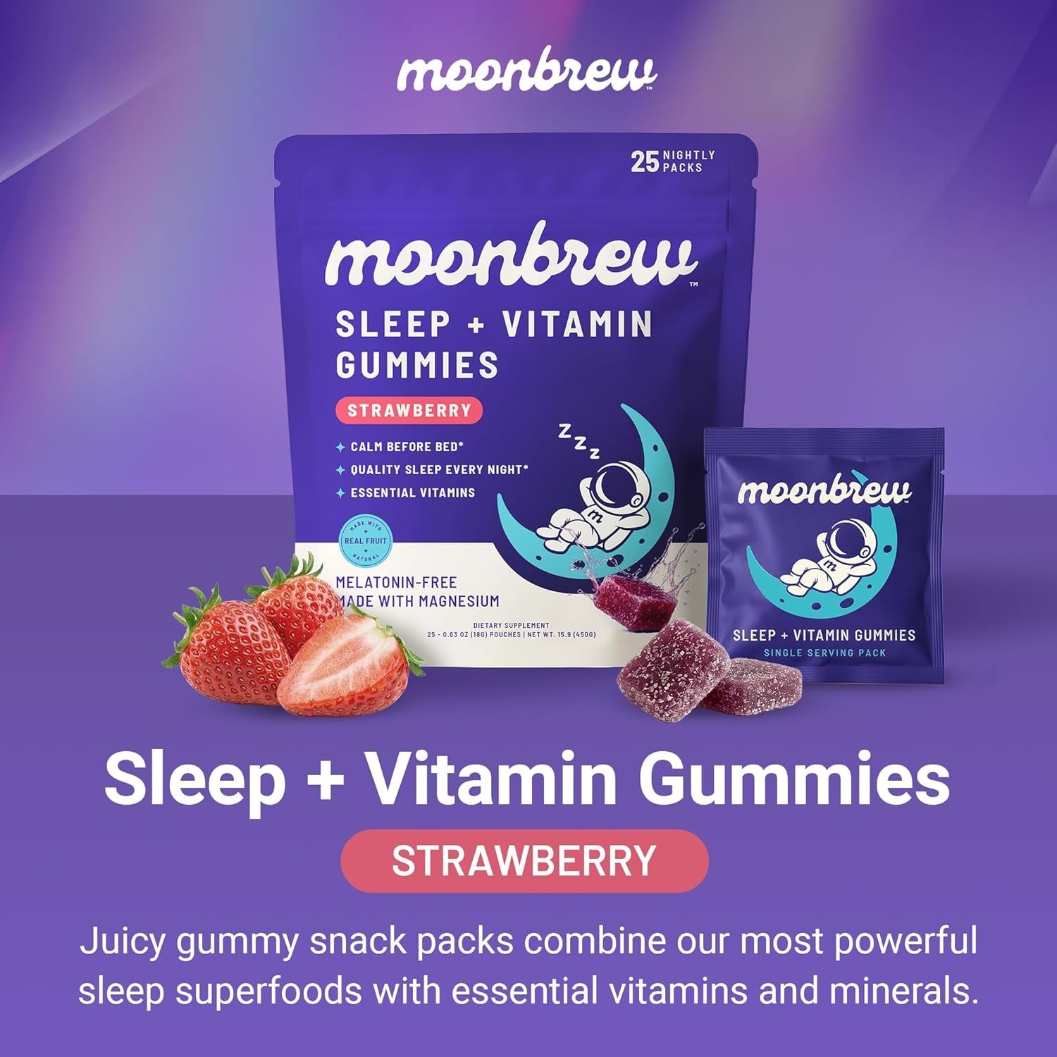 Moonbrew Natural Sleep & Vitamin Gummies for Adults - Melatonin-Free Sleep Aid Gummy with Magnesium (Glycinate & Taurinate), L-Theanine & 8 Essential Vitamins, 17 Real Fruits - Vegan & Gluten-Free