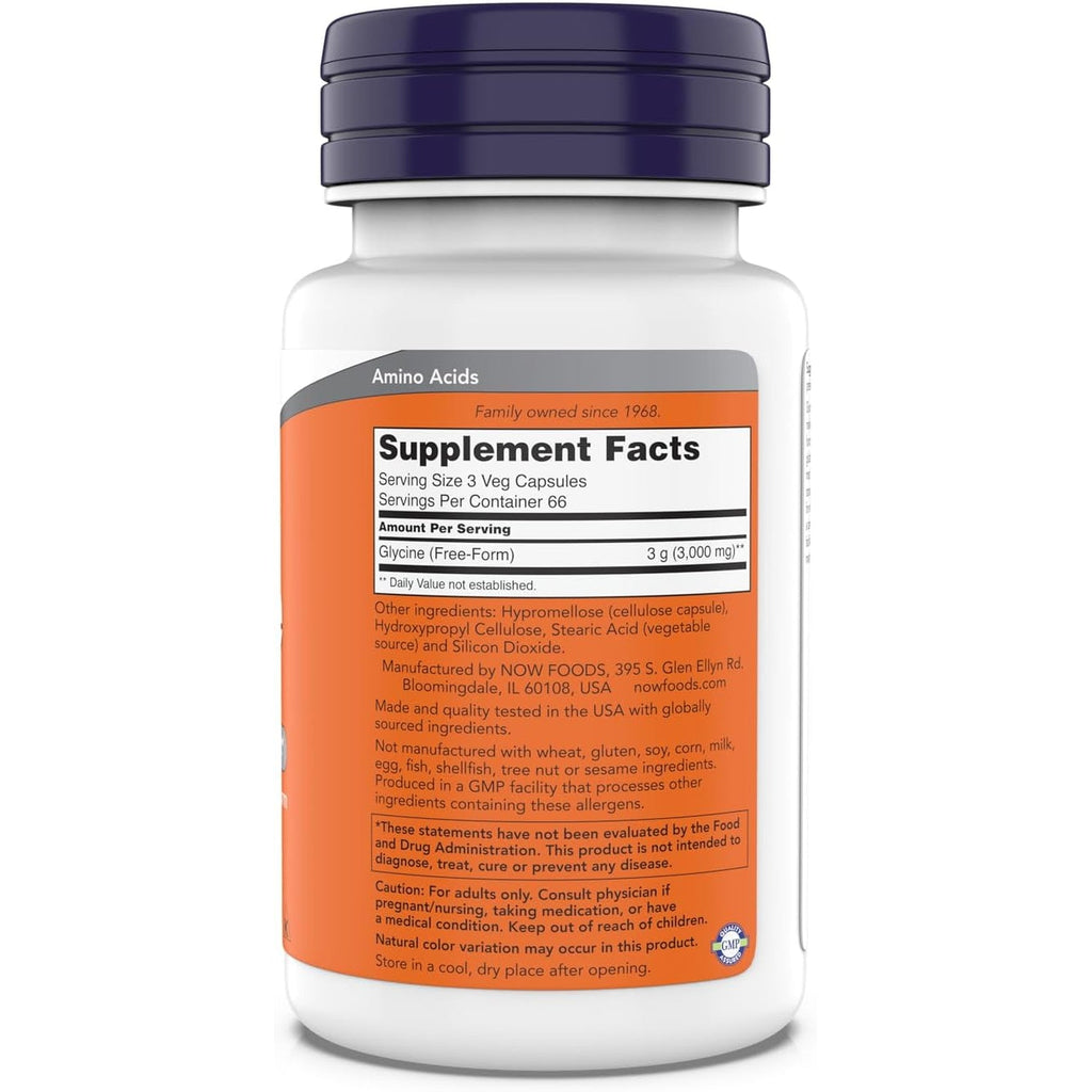Now Foods Glycine 1000Mg, Free-Form Pharmaceutical Grade, Neurotransmitter Support*, Promotes Restful Sleep*, Gluten Free, Vegan, Kosher 200 Vegetarian Capsules (Pack of 1)