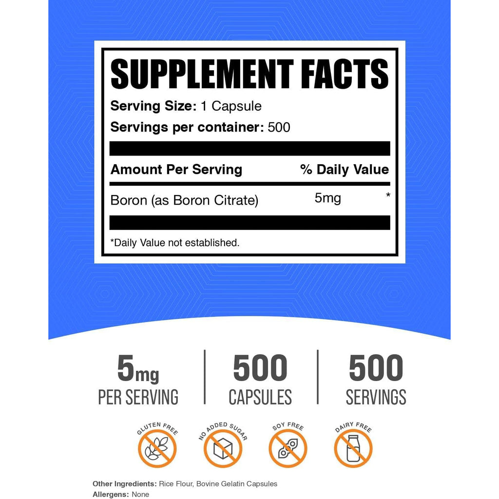 Bulksupplements.Com Boron Citrate Capsules - Boron Supplement for Men & Women, Mineral Supplement - Gluten Free, 1 Capsule per Serving (5Mg), 500 Count (Pack of 1)