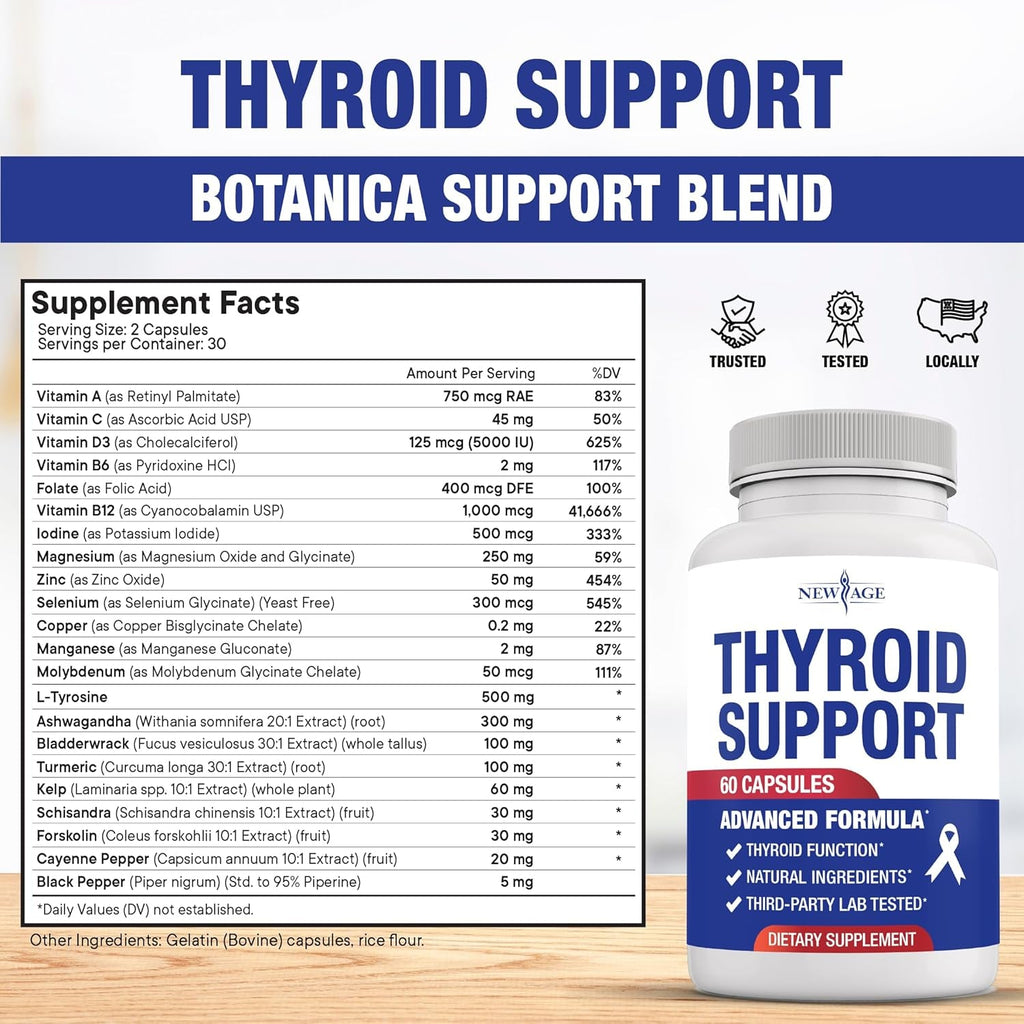 NEW AGE Thyroid Support Supplement for Women & Men with Iodine, B12, Zinc, Selenium, Ashwagandha, Bladderwrack, Turmeric, Schisandra - Non-Gmo - 120 Count