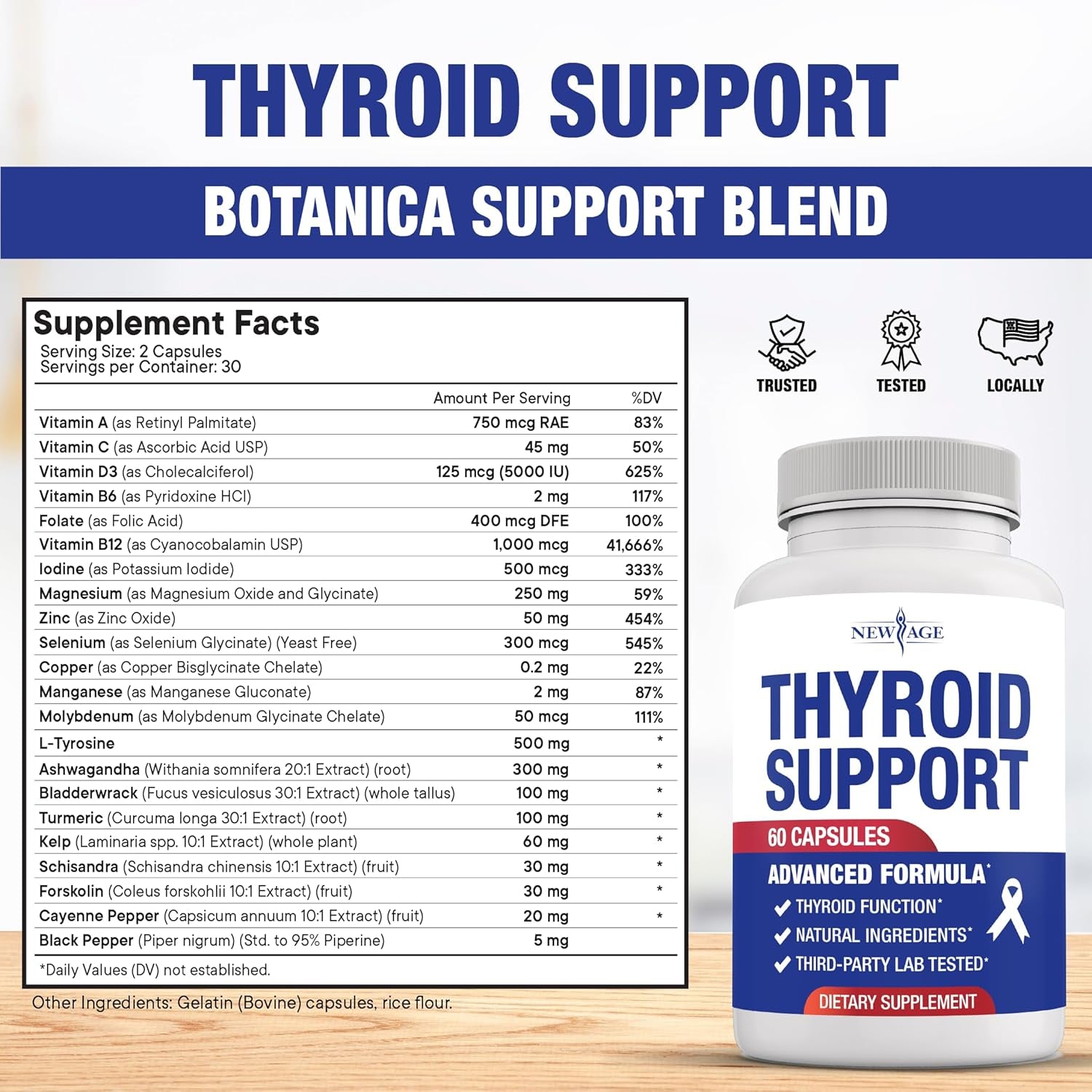 NEW AGE Thyroid Support Supplement for Women & Men with Iodine, B12, Zinc, Selenium, Ashwagandha, Bladderwrack, Turmeric, Schisandra - Non-Gmo - 120 Count
