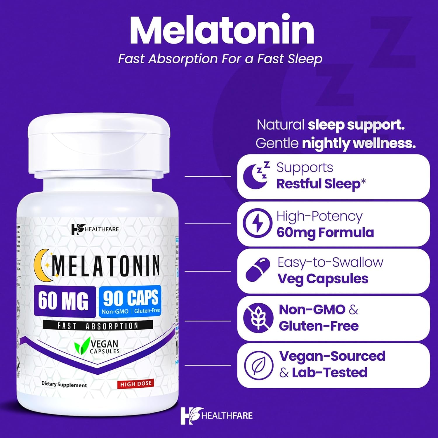 Healthfare Melatonin 60Mg | 90 Veg Capsules | High-Strength Formula | Vegetarian, Non-Gmo, Gluten-Free | Made in the USA