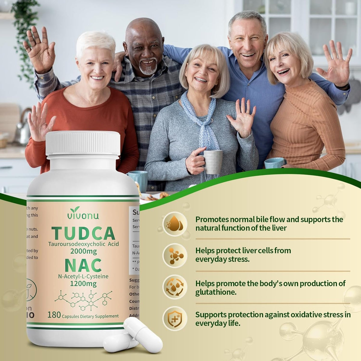 Vivonu TUDCA 2000Mg + NAC 1200Mg Supplement Complex Capsules, TUDCA Bile Salt + N Acetyl Cysteine, Antioxidant Supplements for Liver&Lung&Digestion&Gallbladder Cleanse(180 Capsules)