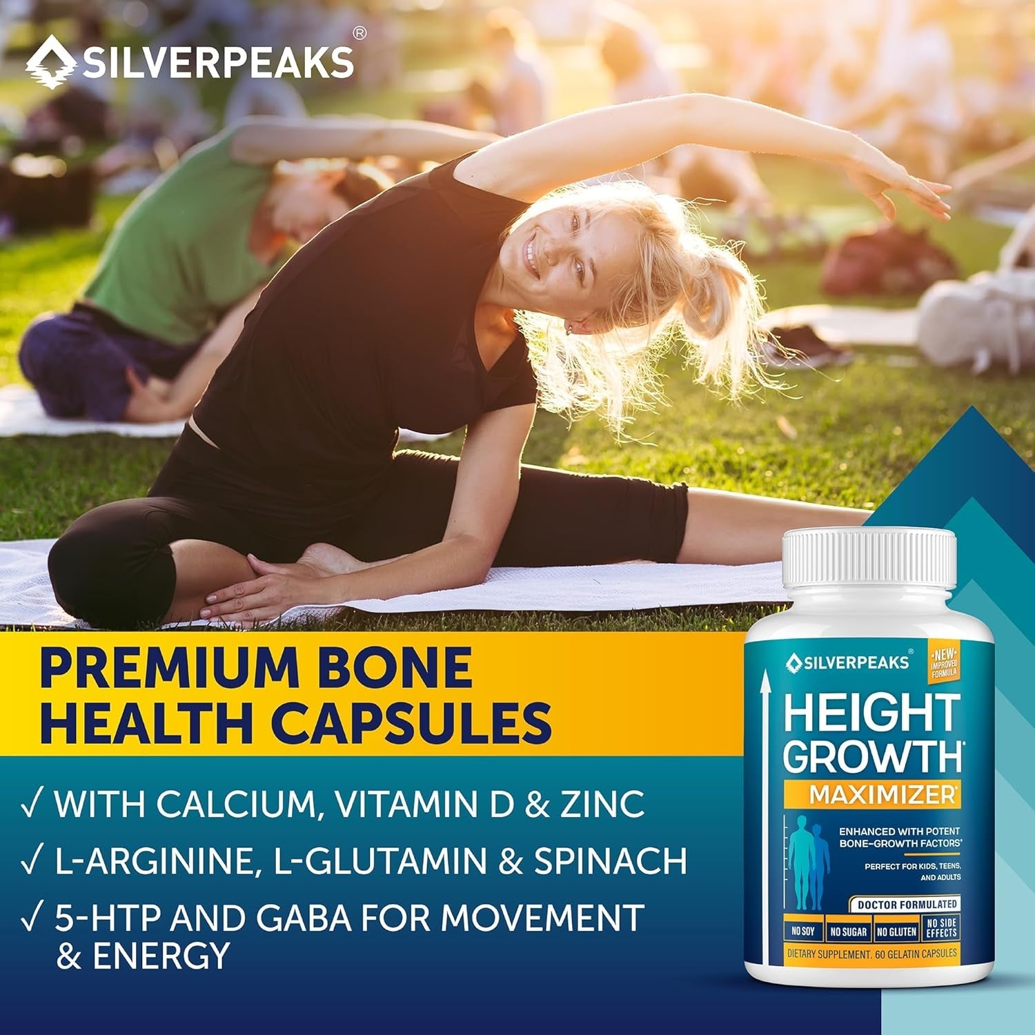 SILVERPEAKS Height Growth Maximizer - Natural Pills to Grow Taller Made in USA with Calcium for Bone Strength Get Supplement That Increases Free of Hormone, 60 Count (Pack of 1)