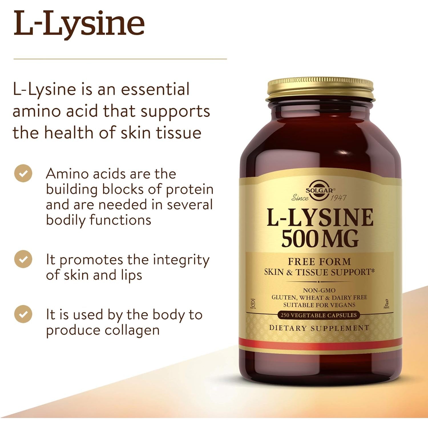 Solgar L-Lysine 500 Mg, 250 Vegetable Capsules - Enhanced Absorption & Assimilation - Promotes Integrity of Skin & Lips - Collagen Support - Amino Acids - Non-Gmo, Vegan, Gluten Free