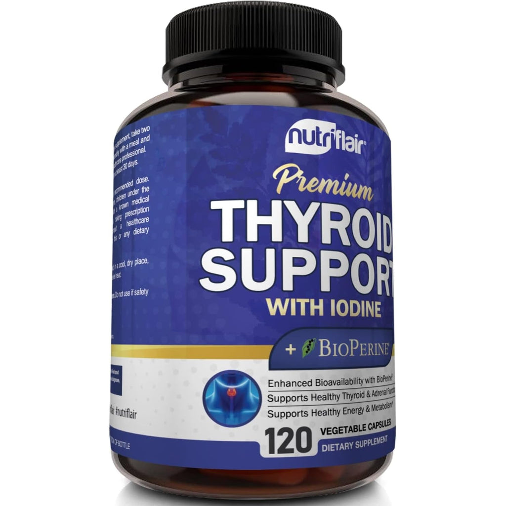 Nutriflair Thyroid Support Complex, 120 Capsules - with Iodine, Black Pepper, Ashwagandha, Vitamin B12 - Thyroid Supplement for Women and Men