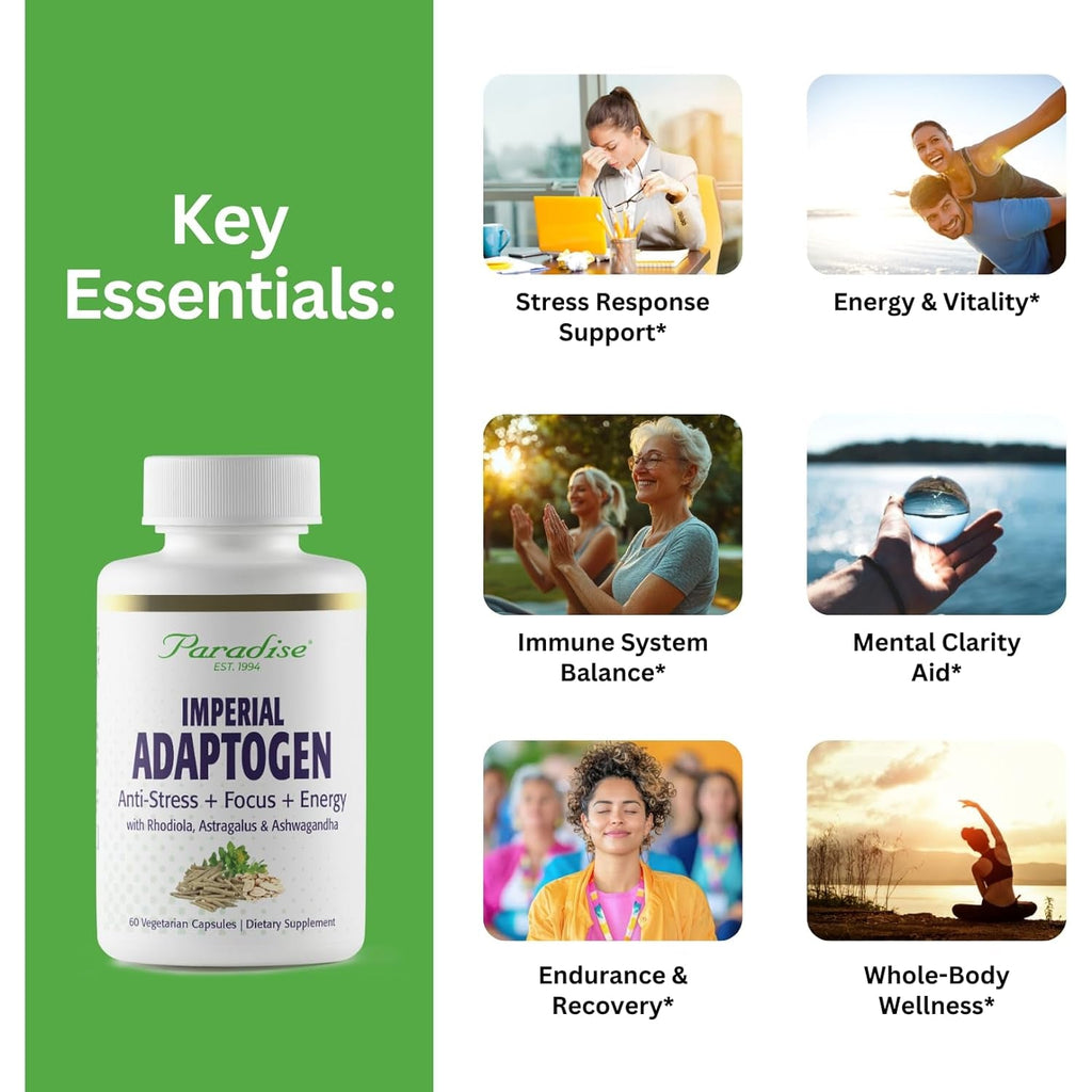 Paradise Herbs, Imperial Adaptogens, with Ashwagandha, Astragalus, Rhodiola, Proprietary Adaptogen Blend for Stress Support, Focus & Energy, 60 Vegetarian Capsules