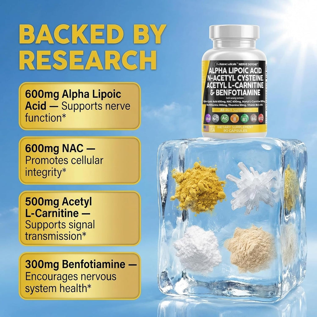 Alpha Lipoic Acid 600Mg N-Acetyl Cysteine 600Mg Acetyl L-Carnitine 500Mg Benfotiamine 300Mg - Nerve Support Supplement for Women and Men with Vitamin B1 B6 & B12 - Made in USA 90 Caps