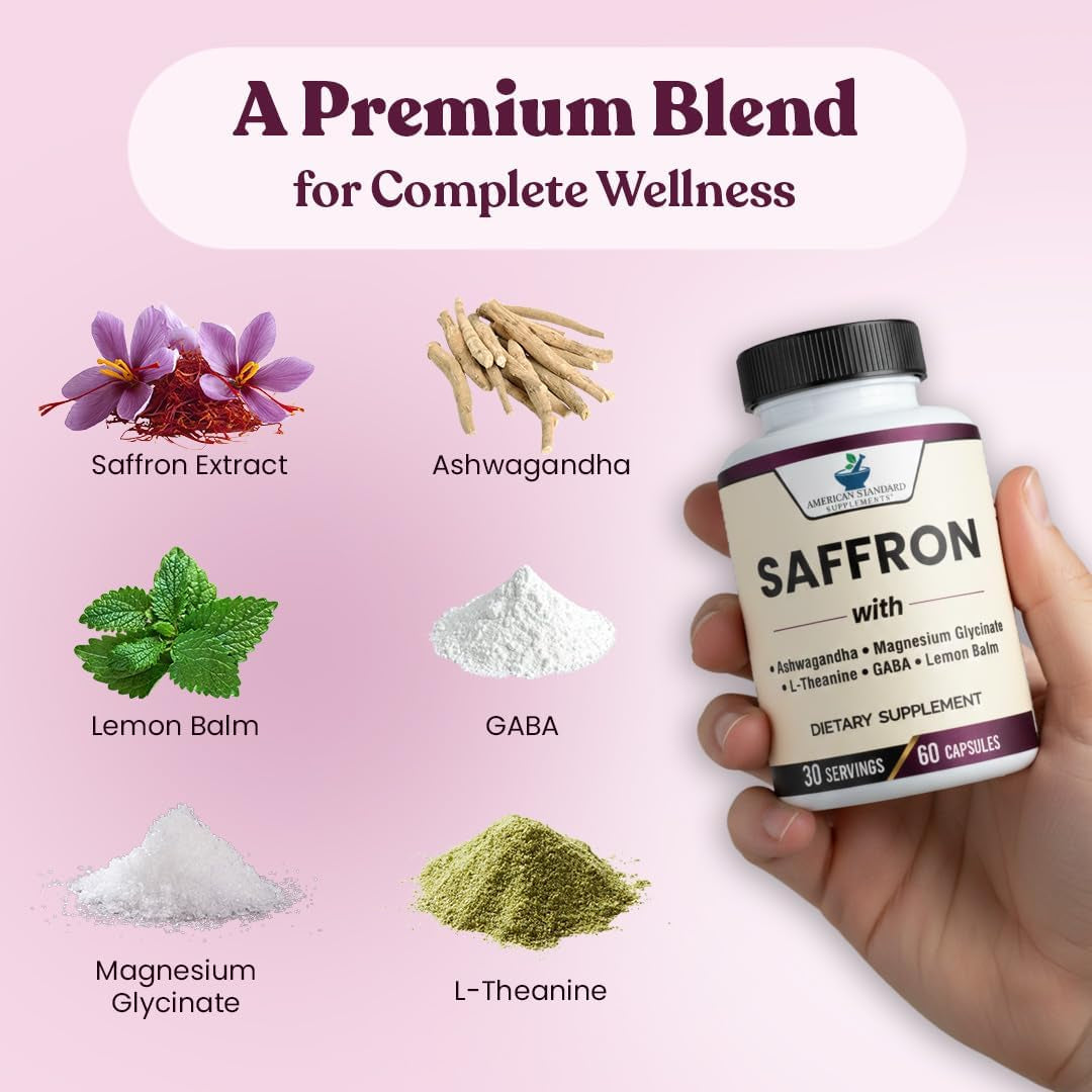 American Standard Supplements Saffron Extract 100Mg per Serving with Magnesium Glycinate, Ashwagandha, L-Theanine, GABA, Lemon Balm, Vegan, Non-Gmo, 60 Capsules