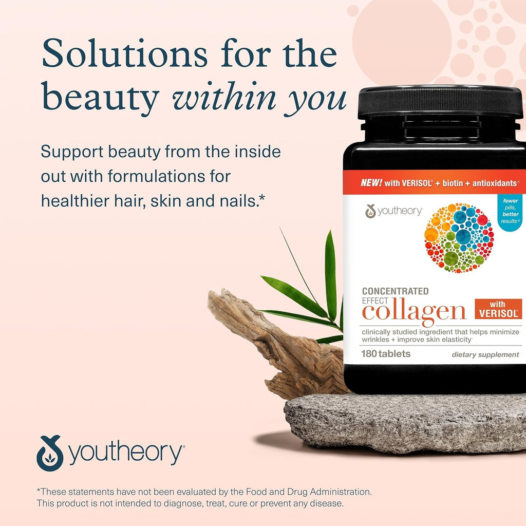 Youtheory Concentrated Effect Collagen with Verisol - Collagen Peptides with Vitamins C & B - Supports Hair, Nails, Bones & Joints* - 180 Tablets (60-Day Supply)