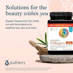 Youtheory Concentrated Effect Collagen with Verisol - Collagen Peptides with Vitamins C & B - Supports Hair, Nails, Bones & Joints* - 180 Tablets (60-Day Supply)