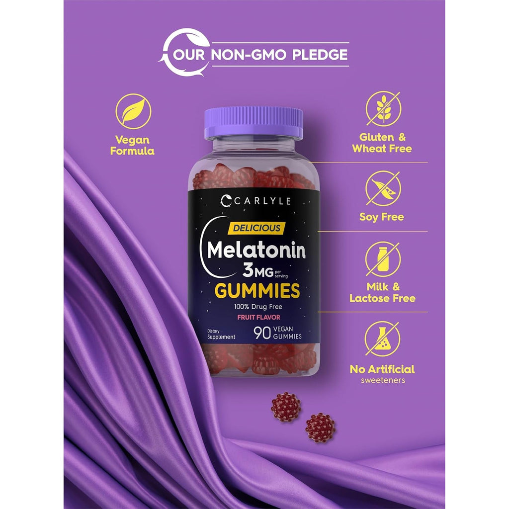 Carlyle Melatonin Gummies 3Mg | 90 Count | Fruit Flavor Gummy Supplement | 100% Drug Free Support | Vegan, Non-Gmo, Gluten Free