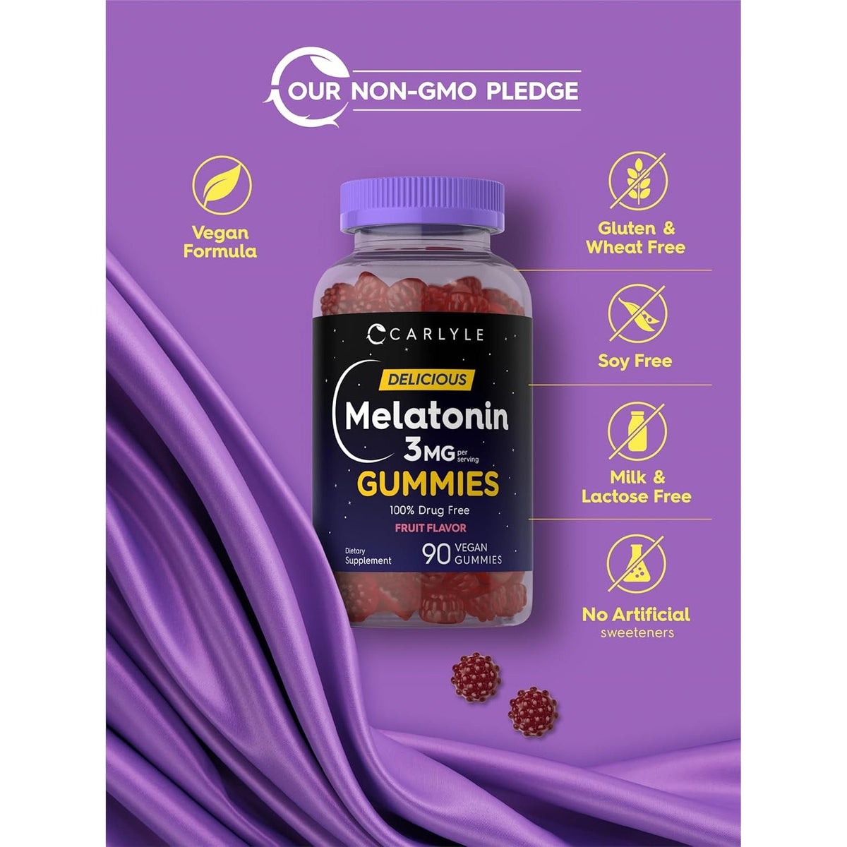 Carlyle Melatonin Gummies 3Mg | 90 Count | Fruit Flavor Gummy Supplement | 100% Drug Free Support | Vegan, Non-Gmo, Gluten Free