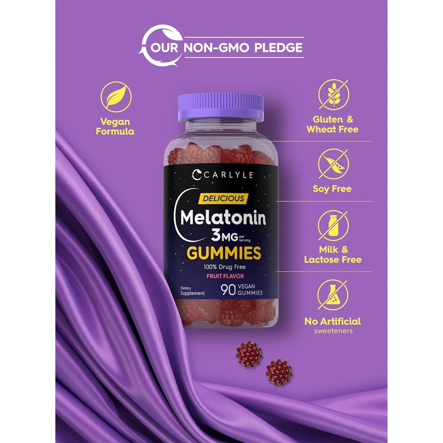 Carlyle Melatonin Gummies 3Mg | 90 Count | Fruit Flavor Gummy Supplement | 100% Drug Free Support | Vegan, Non-Gmo, Gluten Free