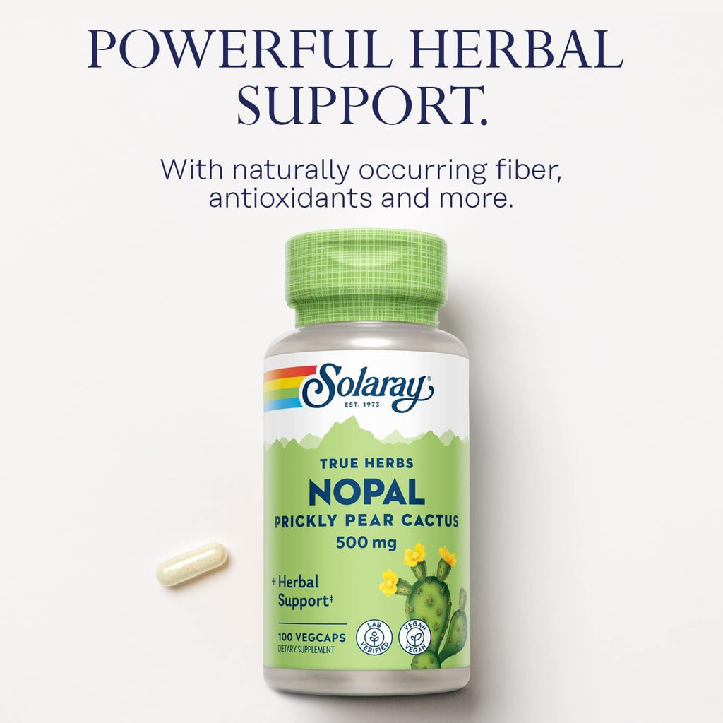 SOLARAY Nopal Prickly Pear Cactus Capsules - 500 Mg per Serving, Rich in Naturally Occuring Fiber, Antioxidants, and Carotenoids, Provides Key Nutrients in a Vegan Formula - 100 Count Vegcaps