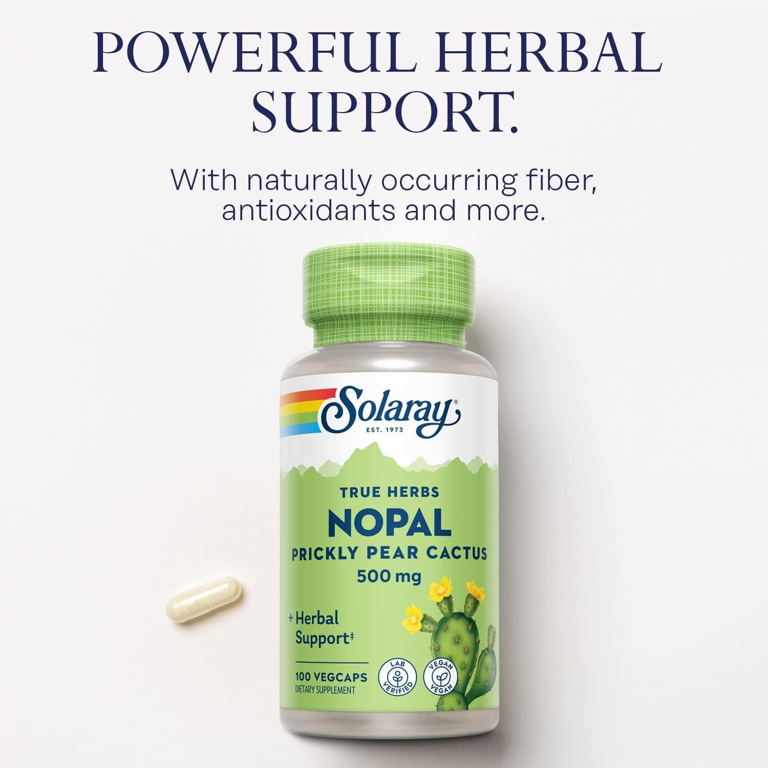 SOLARAY Nopal Prickly Pear Cactus Capsules - 500 Mg per Serving, Rich in Naturally Occuring Fiber, Antioxidants, and Carotenoids, Provides Key Nutrients in a Vegan Formula - 100 Count Vegcaps